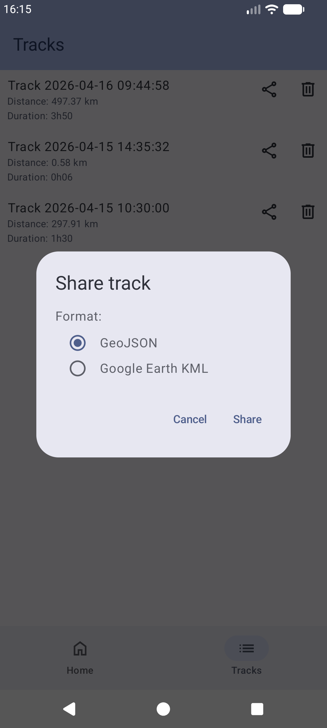 Screenshot of the tracks page when sharing a track