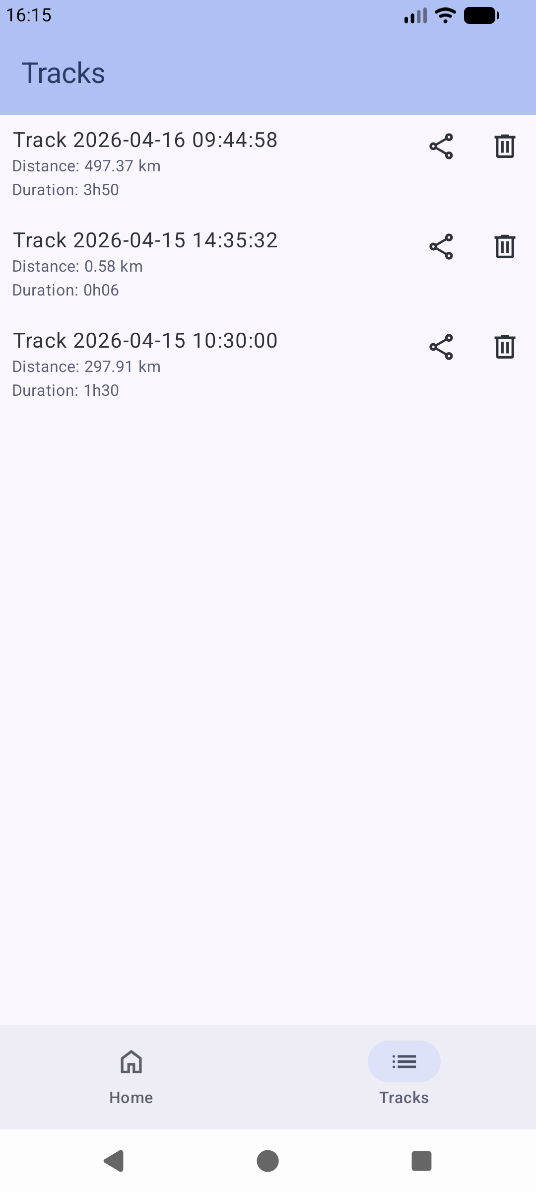 Screenshot of the tracks page listing three tracks